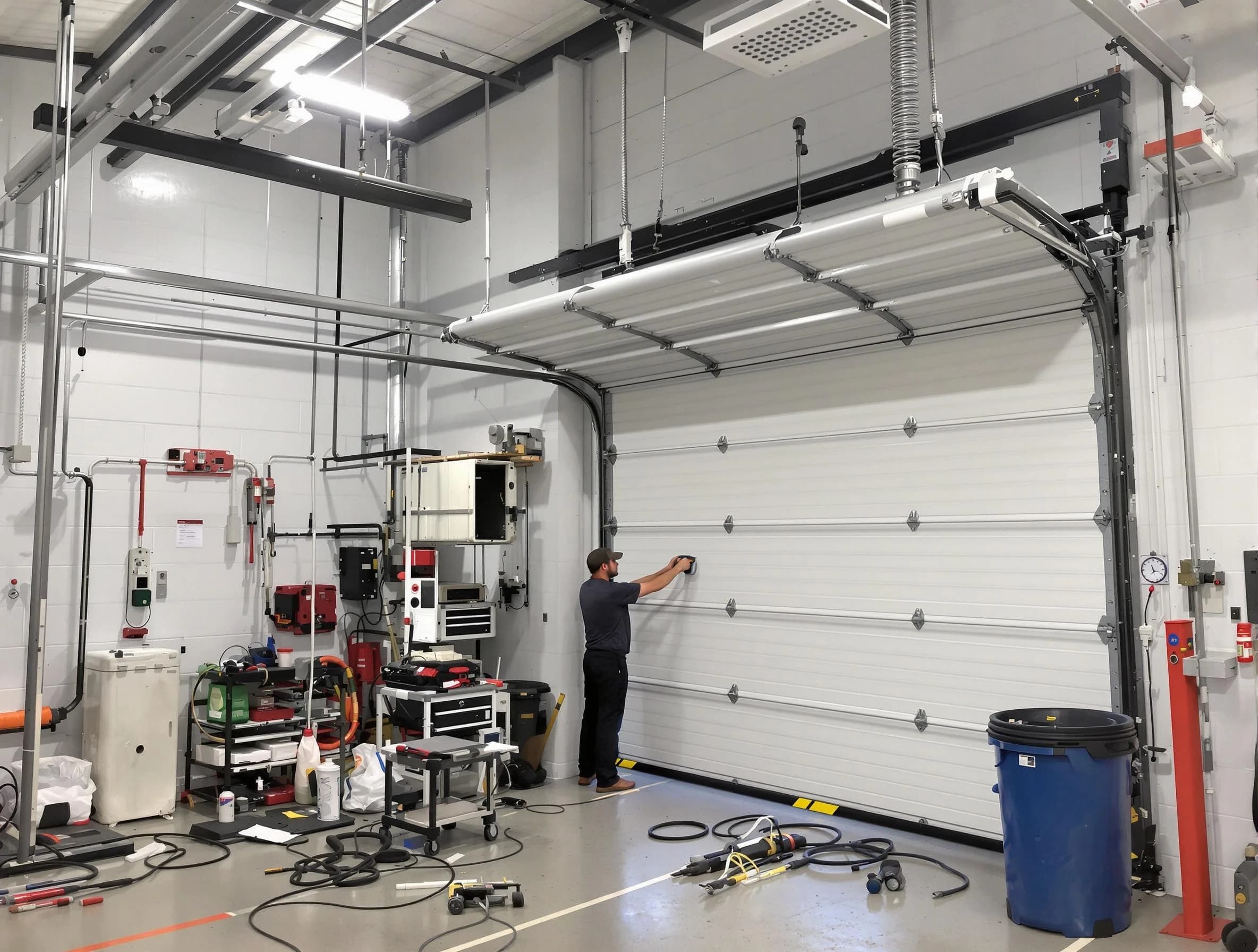 Bloomfield Garage Door Repair certified technician performing commercial door repair at a Bloomfield business facility