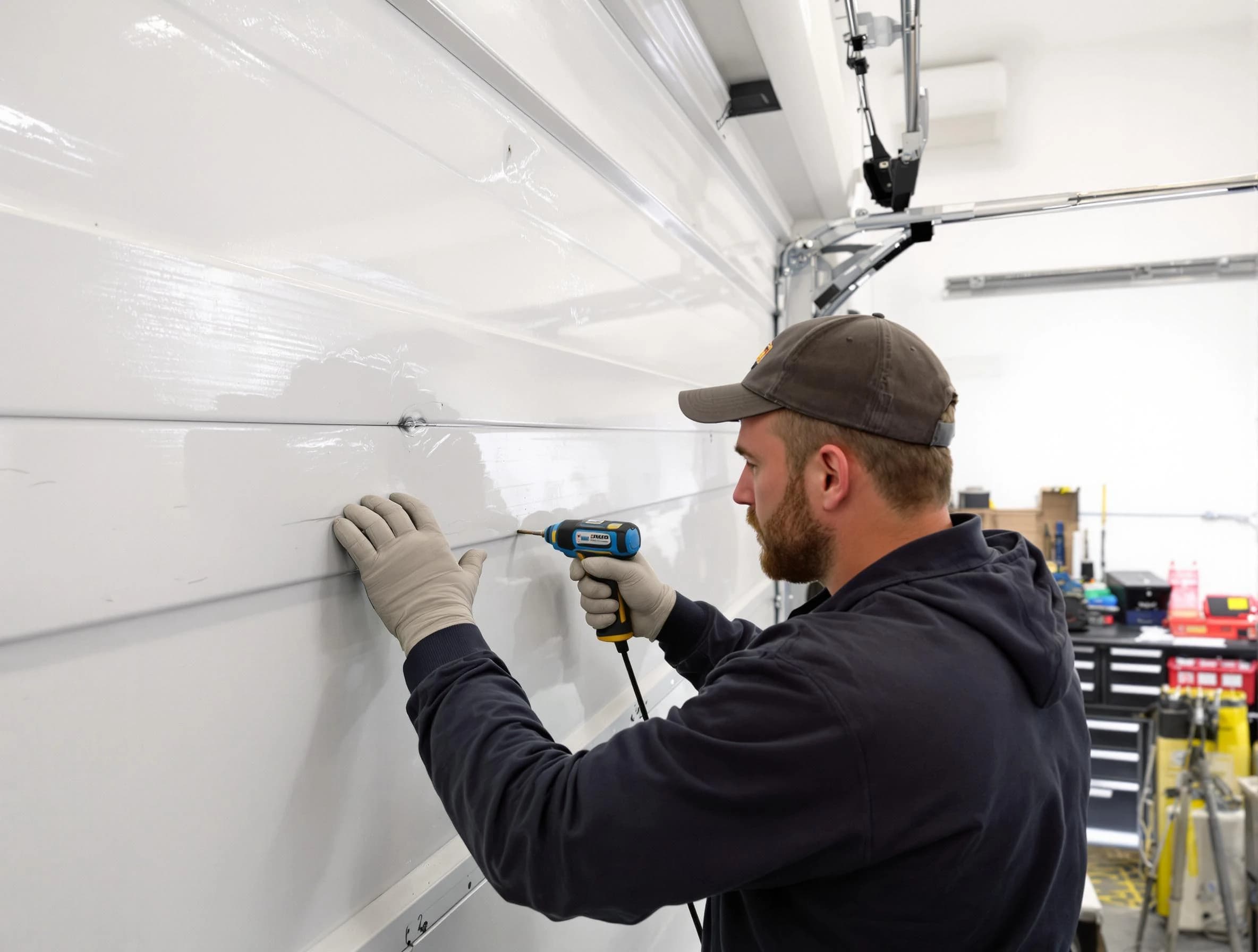 Bloomfield Garage Door Repair technician demonstrating precision dent removal techniques on a Bloomfield garage door